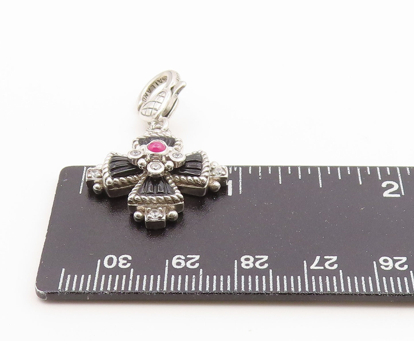 925 Sterling Silver Vintage Pendant JUDITH RIPKA Onyx & Garnet Cross  PT26658