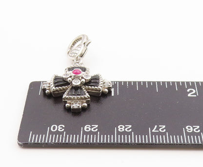 925 Sterling Silver Vintage Pendant JUDITH RIPKA Onyx & Garnet Cross  PT26658