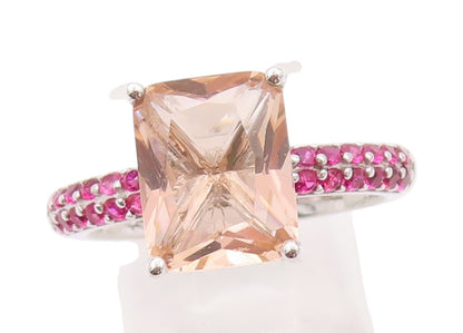 925 Sterling Silver Vintage Ring Rectangle Morganite Pink CZ Band  Sz 7  RG32491
