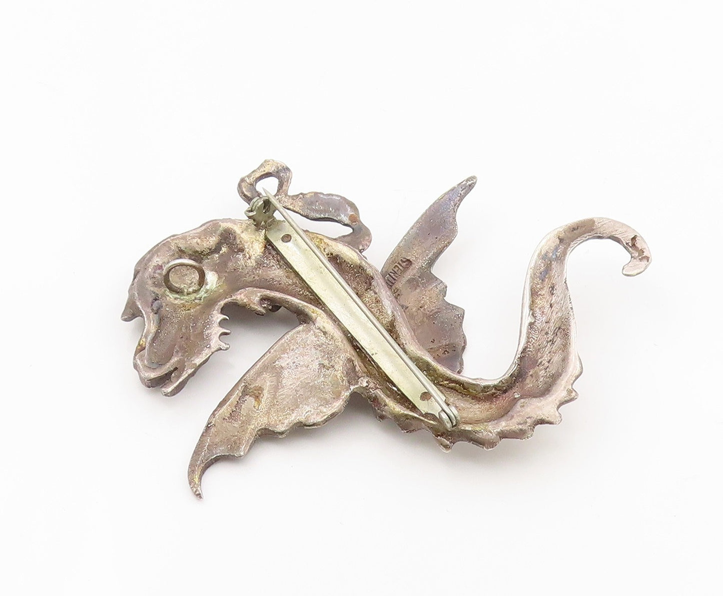 925 Sterling Silver Vintage Brooch Antique Etched Flying Dragon Pin  BP12115