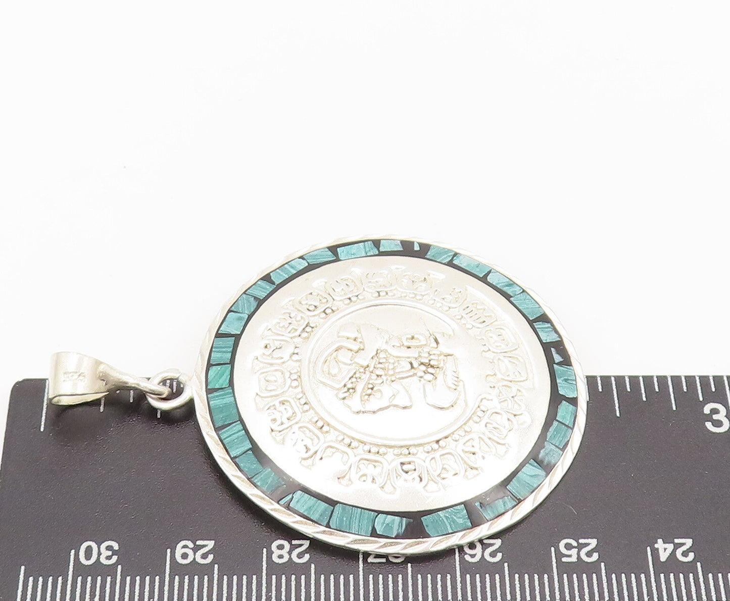 MEXICO 925 Sterling Silver  Vintage Carved Inlay Malachite Pendant  PT22368