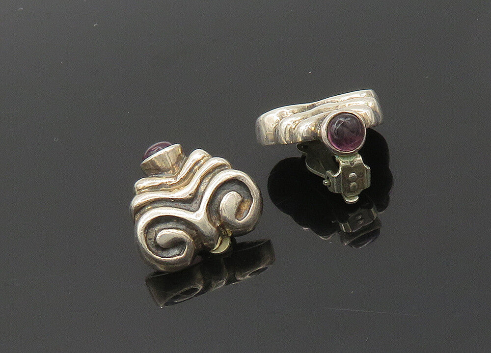925 Sterling Silver  Vintage Cabochon Amethyst Non Pierce Drop Earrings EG9794