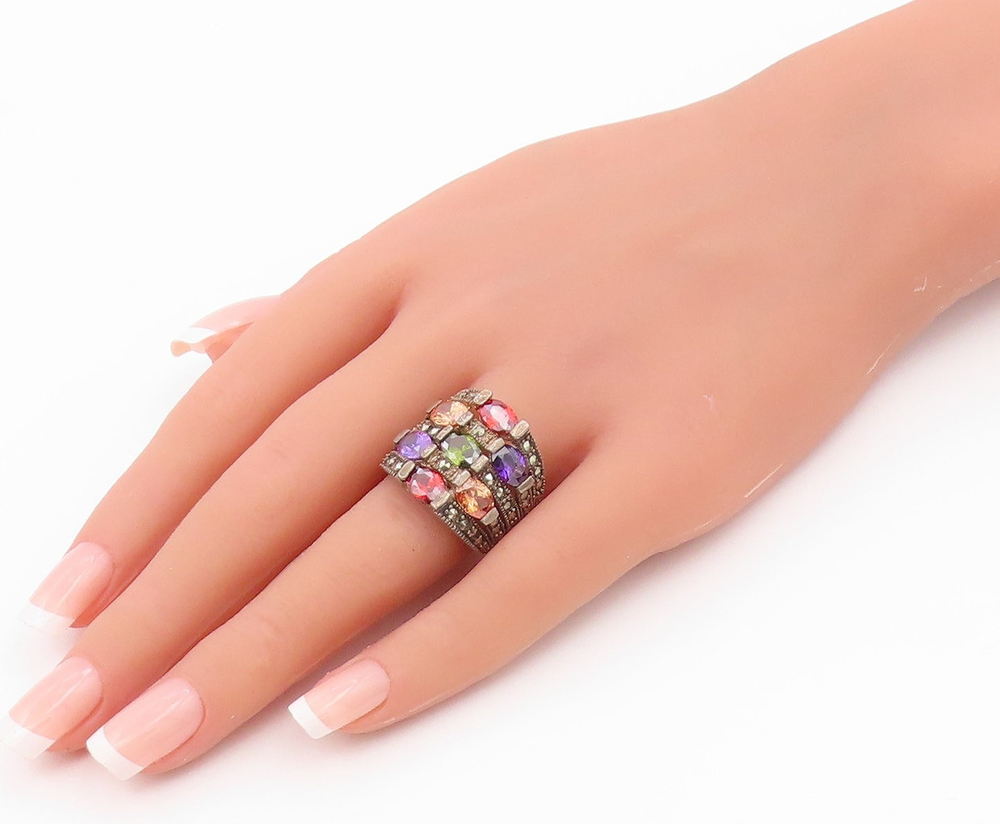925 Sterling Silver Vintage Ring Multi Gemstone Statement Band  Sz 9  RG36558
