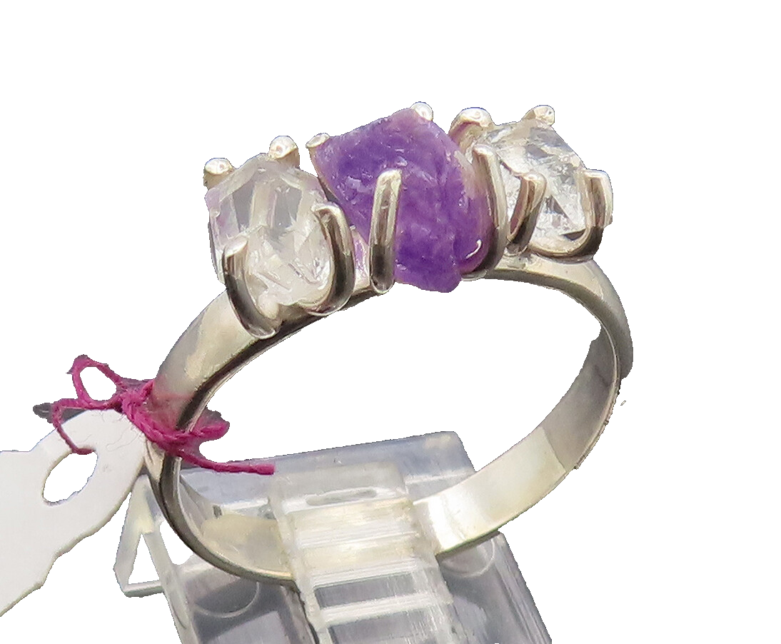 925 Silver  Vintage Three Stone Purple & White Rough Quartz Ring Sz 9  RG26968