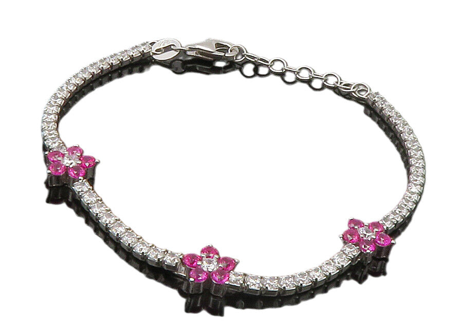 925 Sterling Silver  Cubic Zirconia & Pink Topaz Floral Chain Bracelet  BT5716