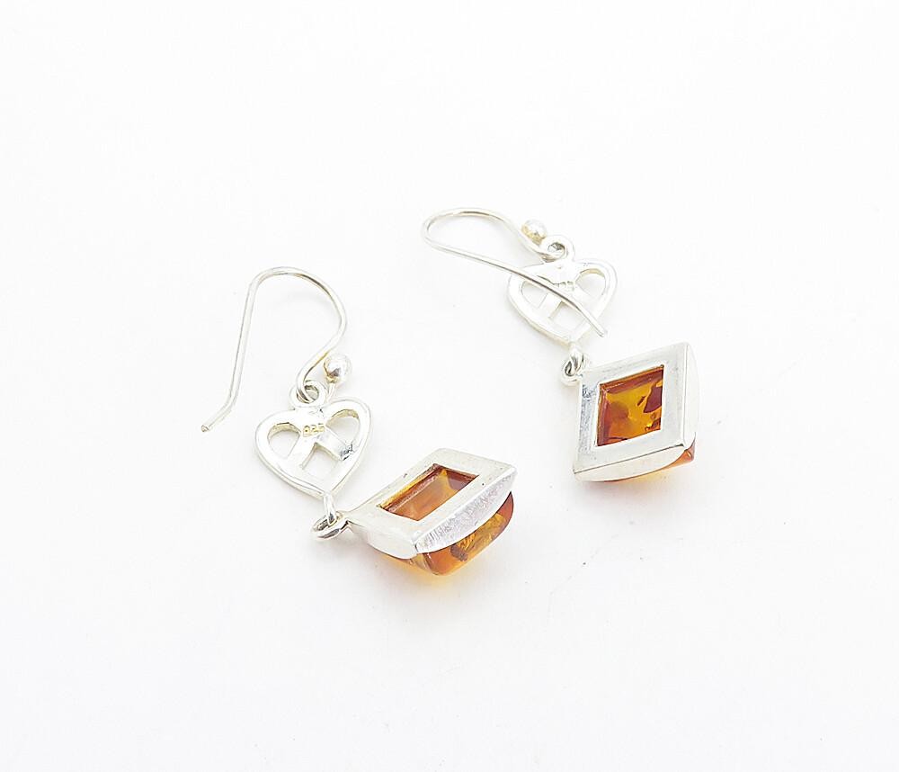 925 Sterling Silver  Cabochon Cut Amber Pretzel Knot Dangle Earrings  EG3586
