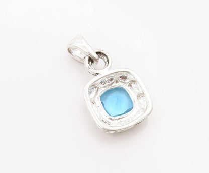 925 Sterling Silver Vintage Pendant Blue Topaz Pebbled Geometric Charm  PT25042