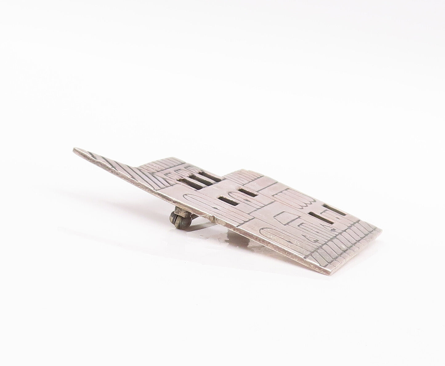 925 Sterling Silver Vintage Brooch Pin Solid Etched Apartment Building  BP10988