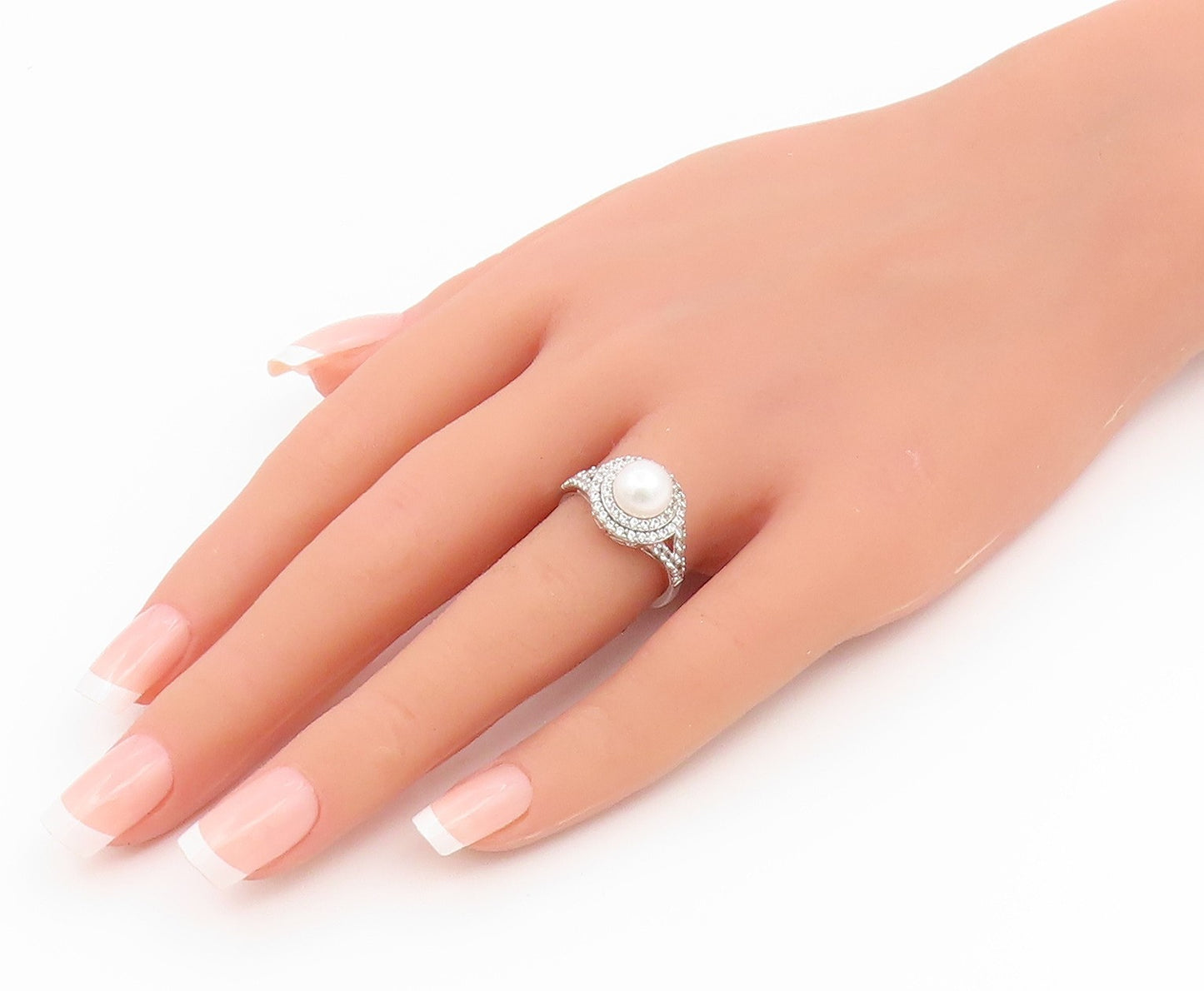925 Sterling Silver Vintage Ring Pearl & Halo CZ Statement Band  Sz 7  RG36917