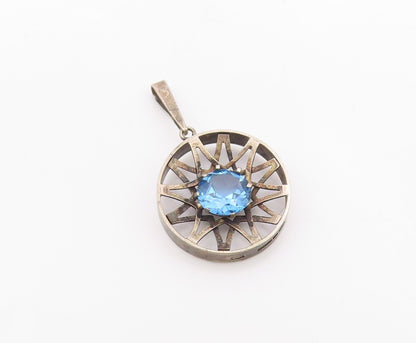 EUROPEAN 925 Sterling Silver  Vintage Blue Topaz Modernist Pendant  PT18783