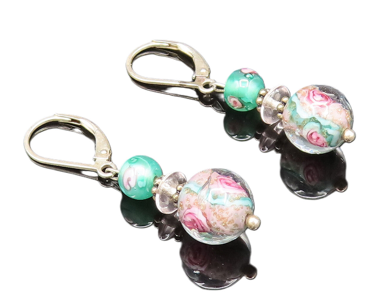 925 Silver  Vintage Beautiful Floral Bead Glass Art Dangle Earrings  EG12270