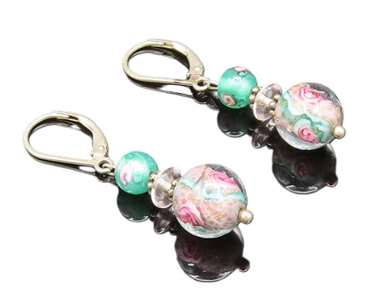 925 Silver  Vintage Beautiful Floral Bead Glass Art Dangle Earrings  EG12270