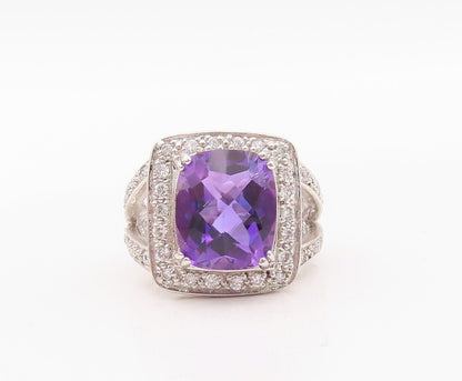 925 Sterling Silver Vintage Ring Rectangle Amethyst & Topaz Inlay  Sz 7  RG29990