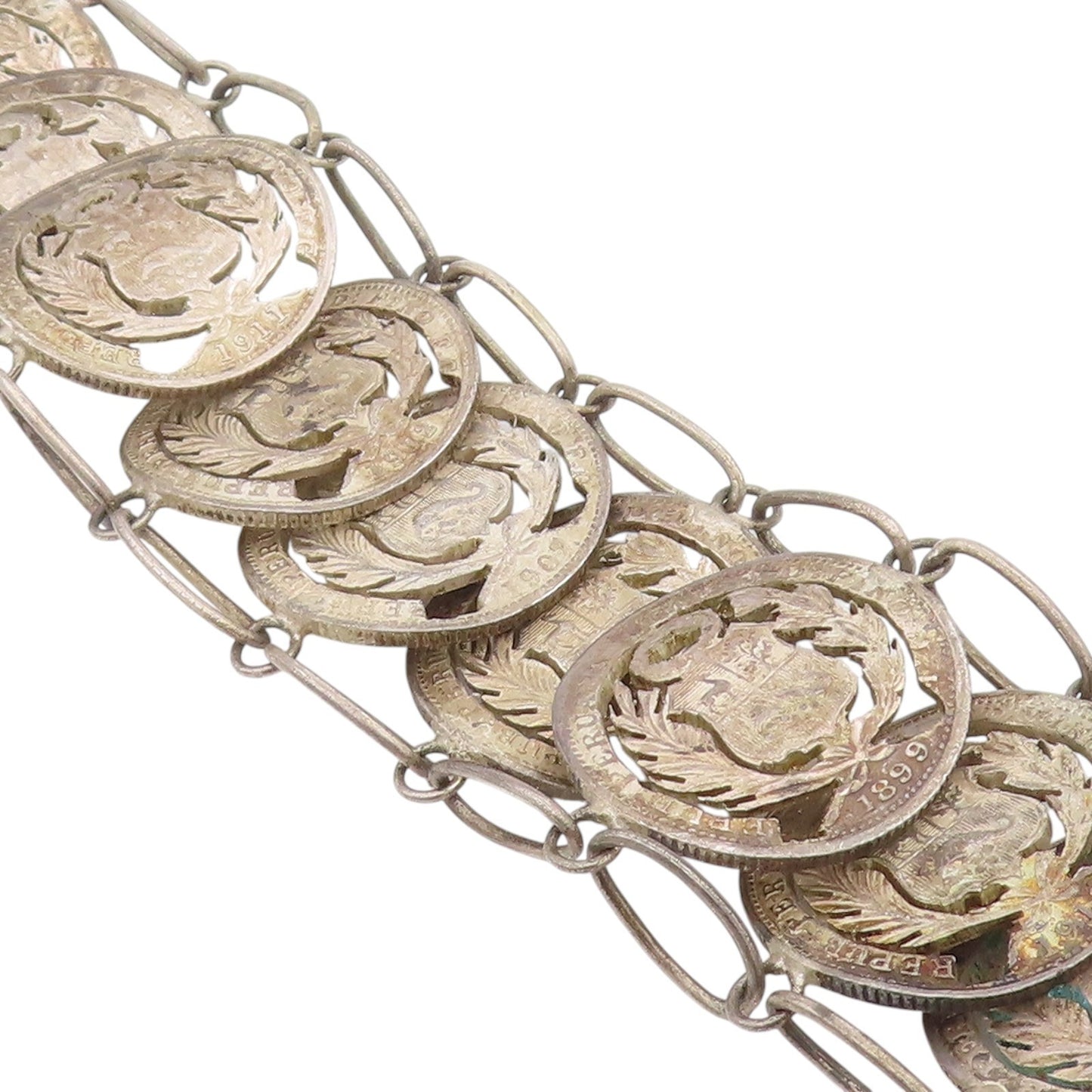 925 Sterling Silver Vintage Bracelet Antique Peruvian Cut Out Coin Link  BT11571