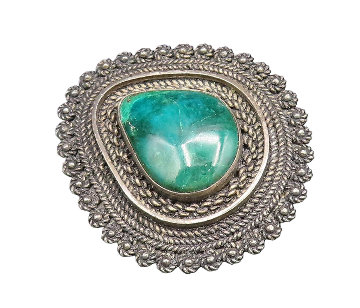 ISRAEL 925 Sterling Silver Vintage Rope Twist & Chrysocolla Brooch Pin BP10026