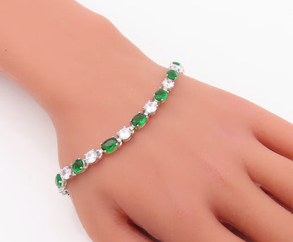 925 Sterling Silver Vintage Bracelet Oval Cut Green & White Topaz  BT10879