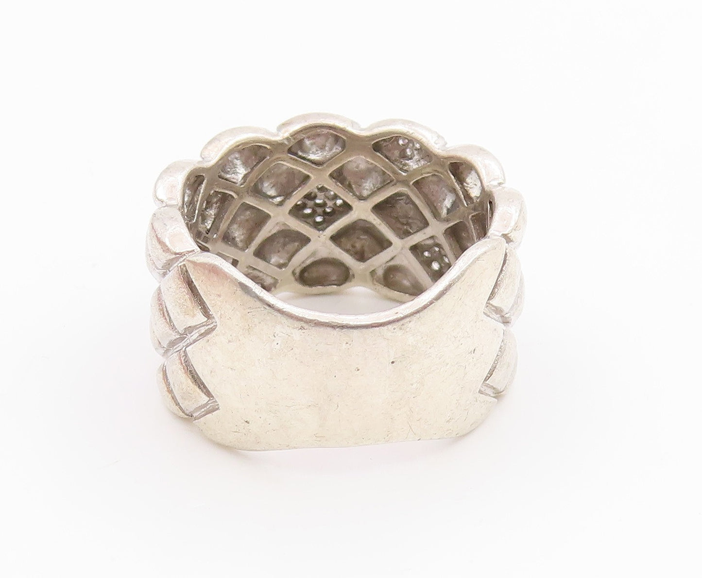 925 Sterling Silver Vintage Ring Real Diamonds Quilted Dome Band Sz 8.5 RG35742