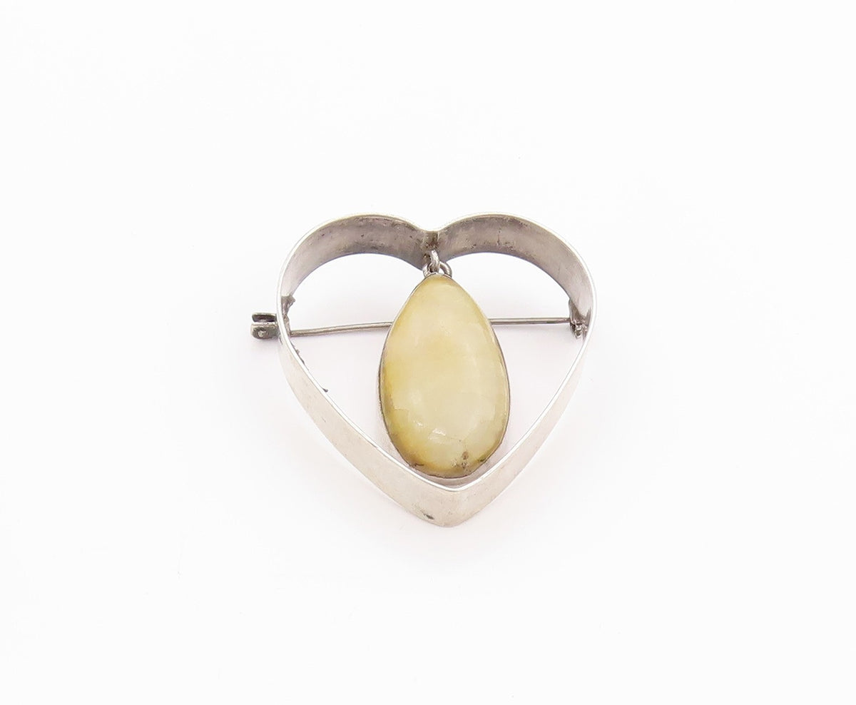 925 Sterling Silver Vintage Brooch Pin MEXICO Heart Dangling Gemstone  BP11558