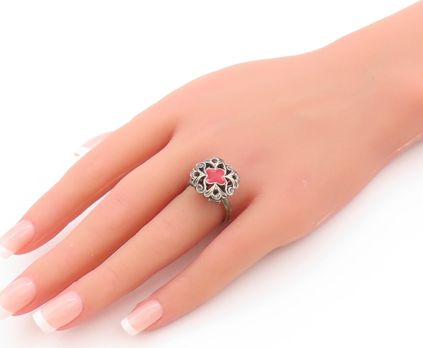 925 Sterling Silver Vintage Ring Enameled Victorian Swirly Flower  Sz 8  RG33009