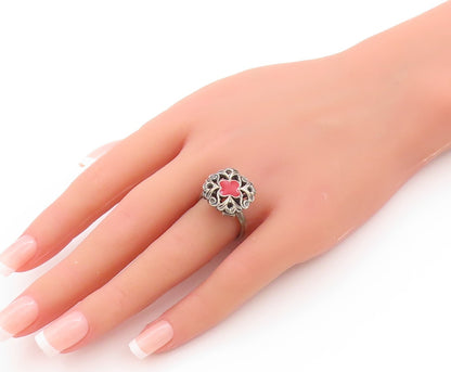 925 Sterling Silver Vintage Ring Enameled Victorian Swirly Flower  Sz 8  RG33009