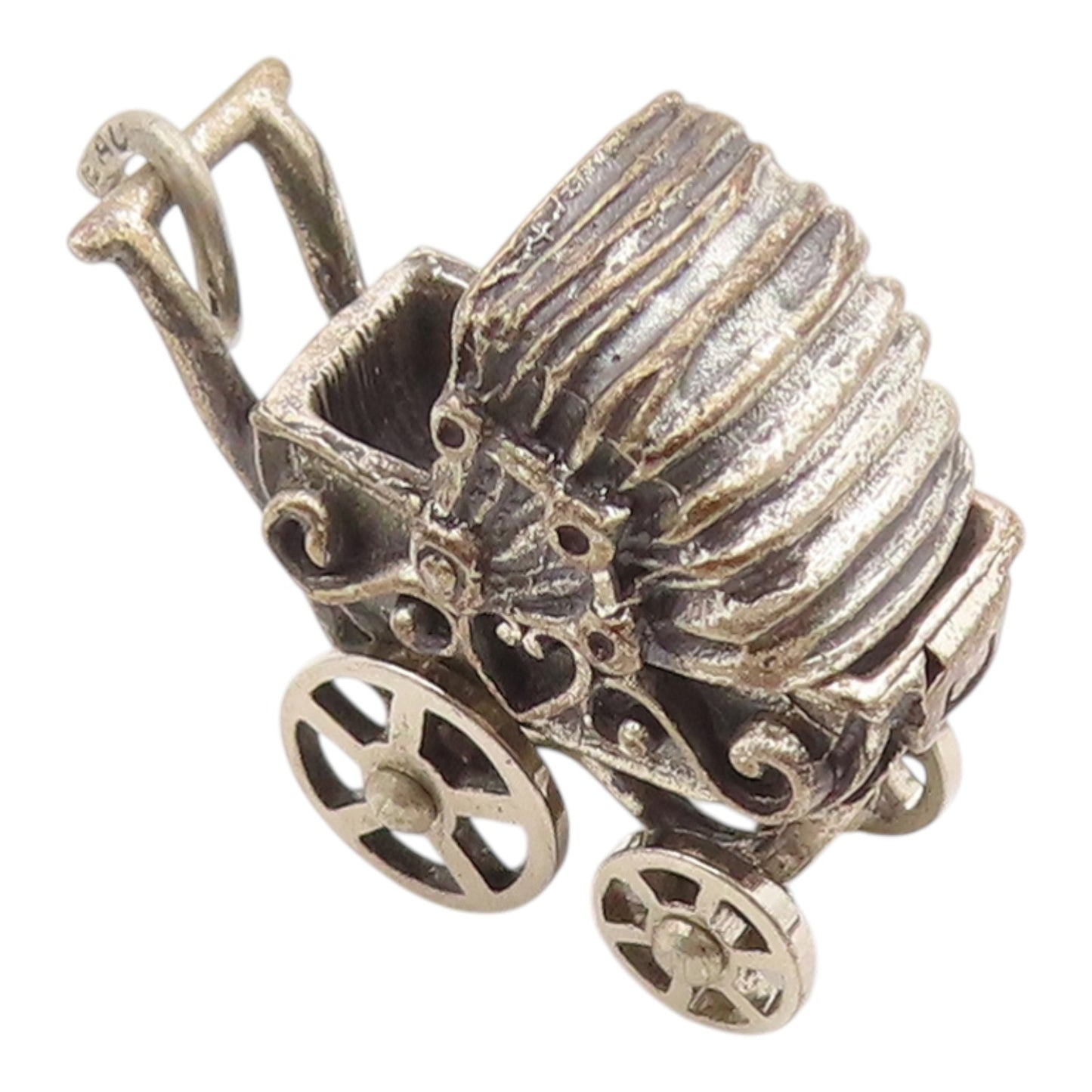 925 Sterling Silver Vintage Pendant BEAU 3D Baby Stroller Charm MOVES  PT26269