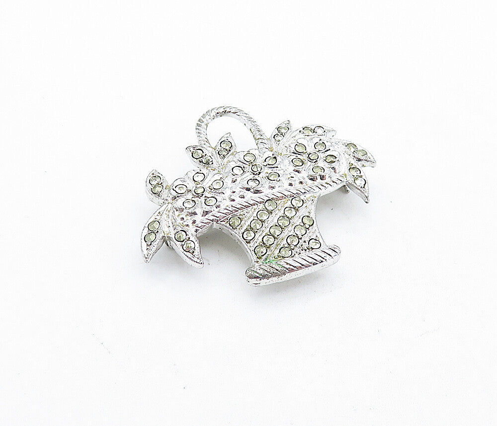 925 Sterling Silver  Vintage Sparkling Flower Basket Motif Brooch Pin  BP2223
