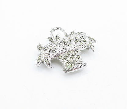 925 Sterling Silver  Vintage Sparkling Flower Basket Motif Brooch Pin  BP2223