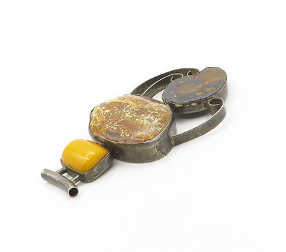 925 Sterling Silver  Vintage Egg Yolk Amber & Jasper Slide Pendant  PT12550