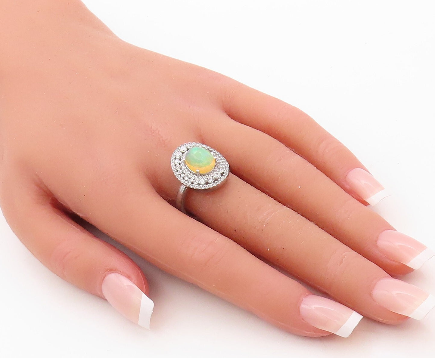 925 Sterling Silver Vintage Ring Oval Fire Opal Halo CZ Bands  Sz 8.5  RG30921