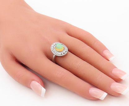 925 Sterling Silver Vintage Ring Oval Fire Opal Halo CZ Bands  Sz 8.5  RG30921