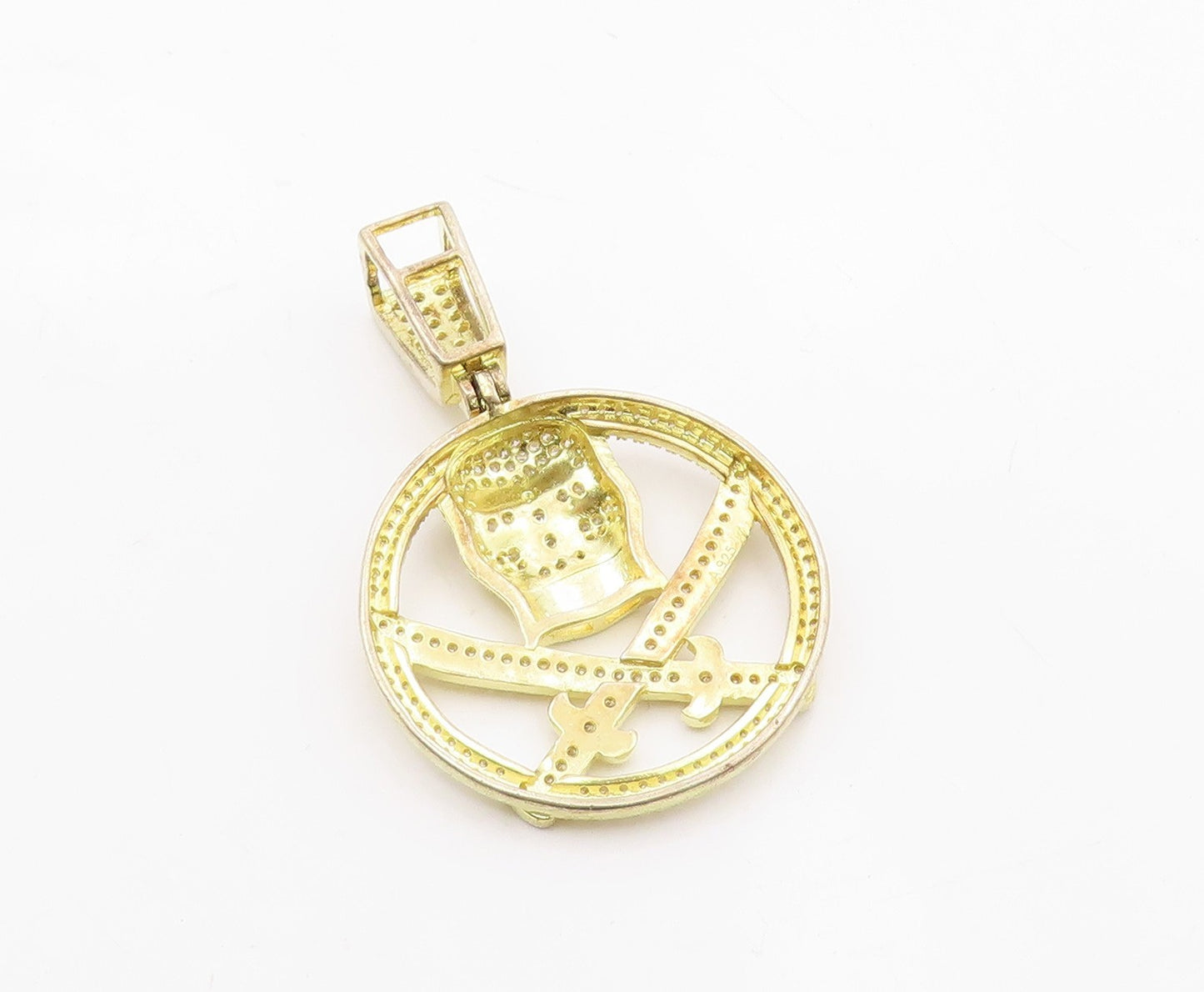 925 Silver  Vintage Topaz Gold Plated Pirate Skull & Swords Pendant  PT19914
