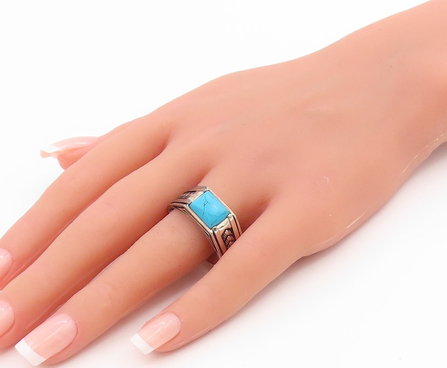 925 Sterling Silver Vintage Ring CHIMODA Turquoise Signet Band  Sz 14.5  RG35653