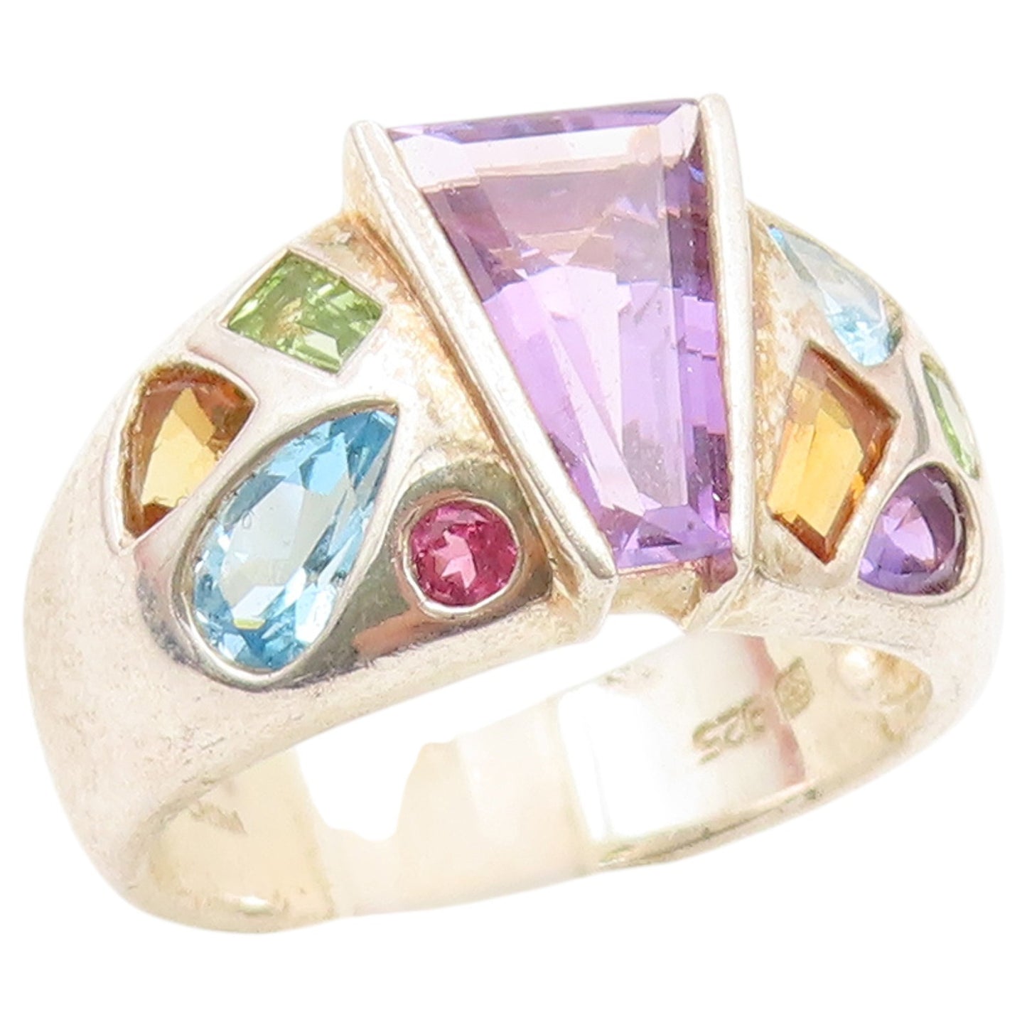 925 Sterling Silver Vintage Ring Modernist Multi Gemstone Band  Sz 9  RG36799