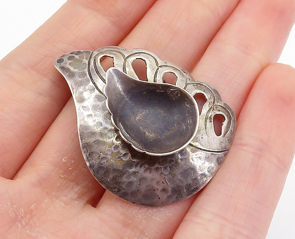 925 Sterling Silver  Vintage Dark Tone Hammered Wing Motif Brooch Pin  BP2770