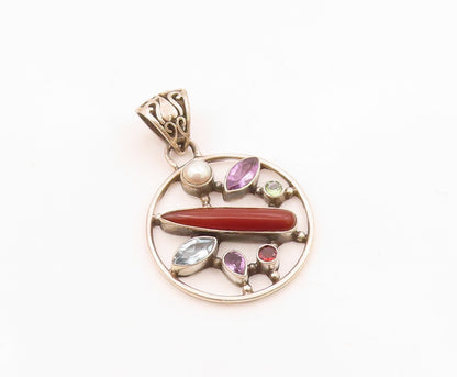 925 Silver Vintage Pearl Carnelian Amethyst & Multi Stone Pendant PT15285