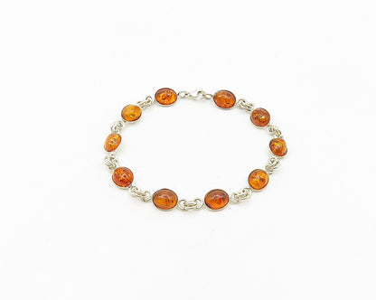 925 Sterling Silver  Vintage Cabochon Cut Amber Shiny Chain Bracelet  BT7690
