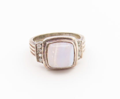 925 Sterling Silver Vintage Ring Milky Moonstone & CZ Ribbed Band  Sz 7  RG36856