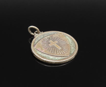 HAYWARD 925 Silver  Vintage Religious Cross Round Medal Pendant  PT21520