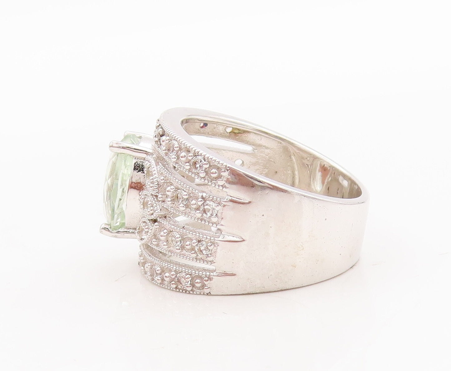 925 Sterling Silver Vintage Ring Oval Green Amethyst Split CZ Band Sz 7  RG29167