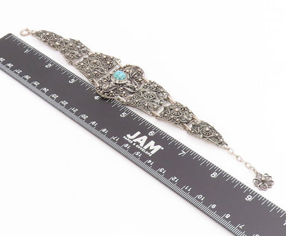 925 Sterling Silver Vintage Bracelet Turquoise Intricate Floral Filigree BT11710