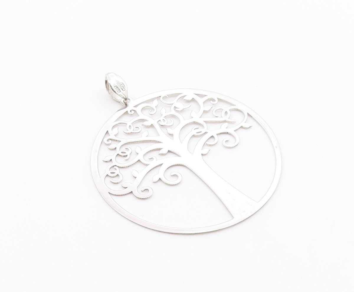 925 Sterling Silver  Vintage Shiny Tree Of Life Motif Round Pendant  PT17743