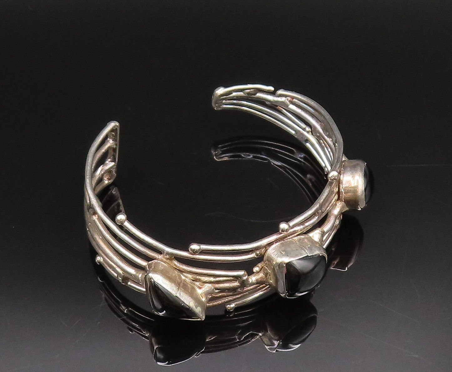 925 Silver  Vintage Multi Shaped Black Onyx Open Rows Cuff Bracelet BT9665
