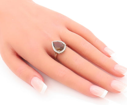 925 Sterling Silver Vintage Ring Drop Cut Smoky Quartz Halo CZ  Sz 7  RG29412