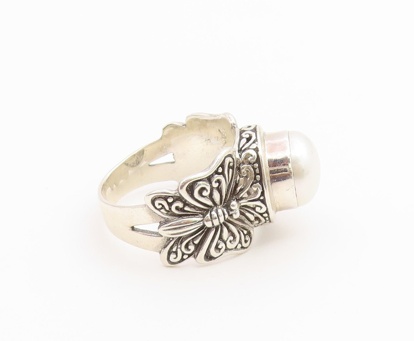 925 Sterling Silver Vintage Ring Elegant Pearl Butterfly Motif  Sz 7  RG36748