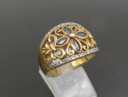 925 Silver  Vintage Two Tone Black Spinel Floral Scroll Ring Sz 10  RG25176