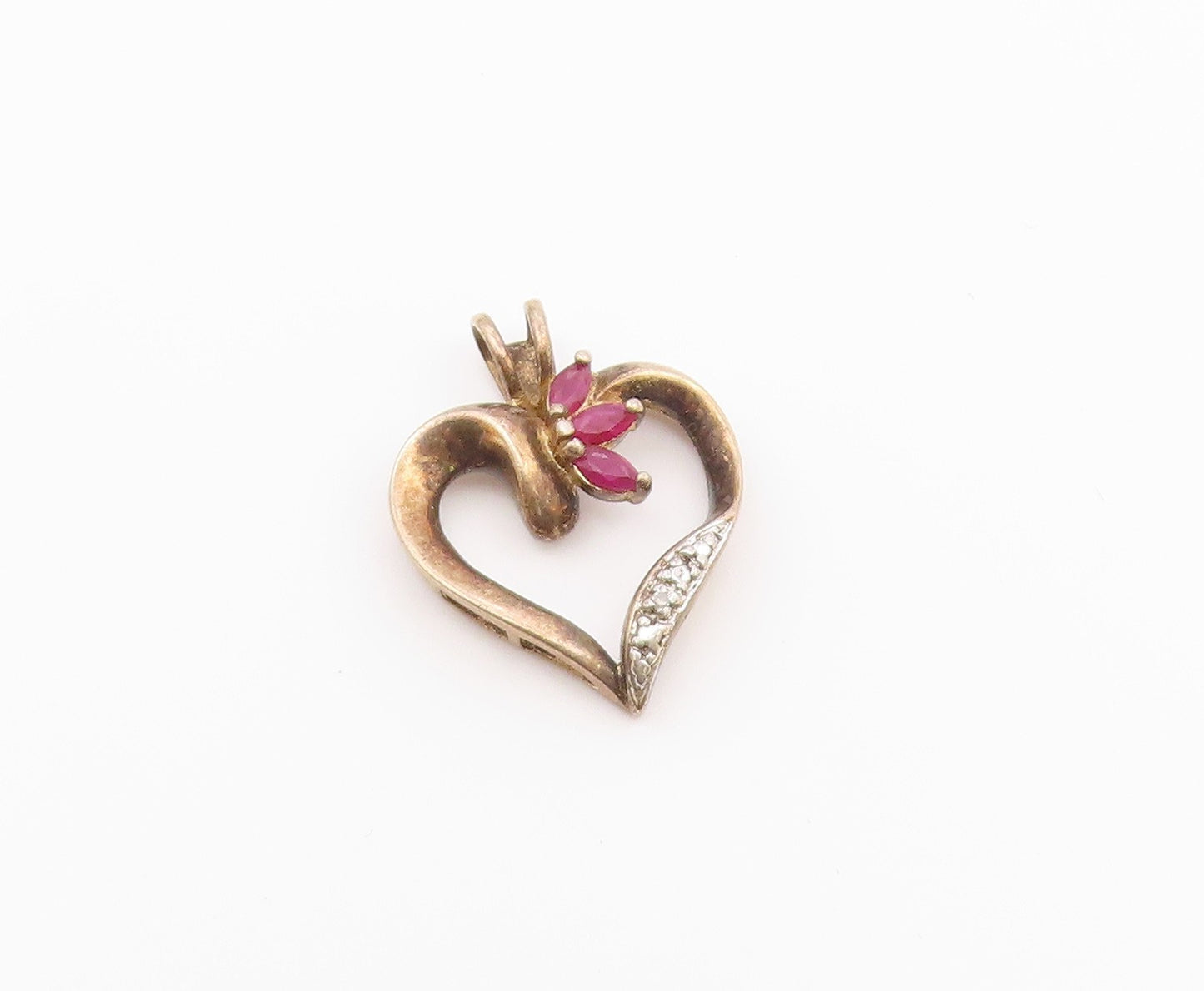 925 Sterling Silver  Vintage Marquise Ruby Two Tone Love Heart Pendant PT20843