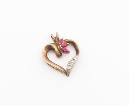 925 Sterling Silver  Vintage Marquise Ruby Two Tone Love Heart Pendant PT20843