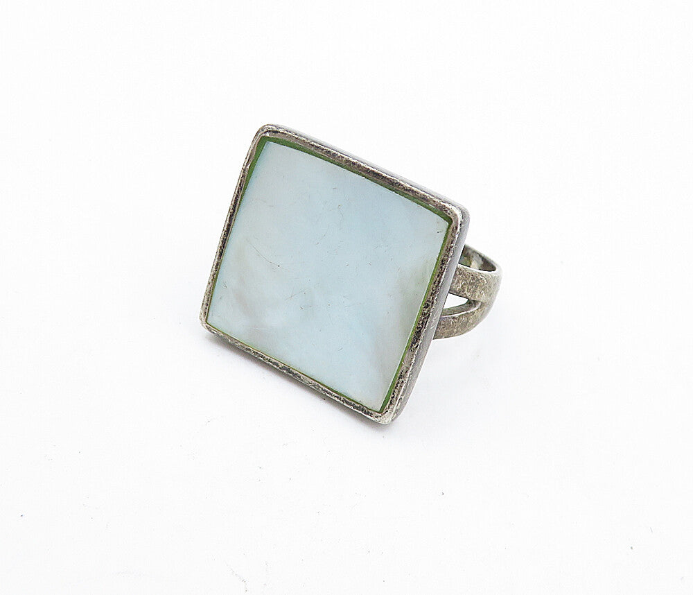 925 Silver  Vintage Antique Mother Of Pearl Square Cocktail Ring Sz 6.5 RG7033