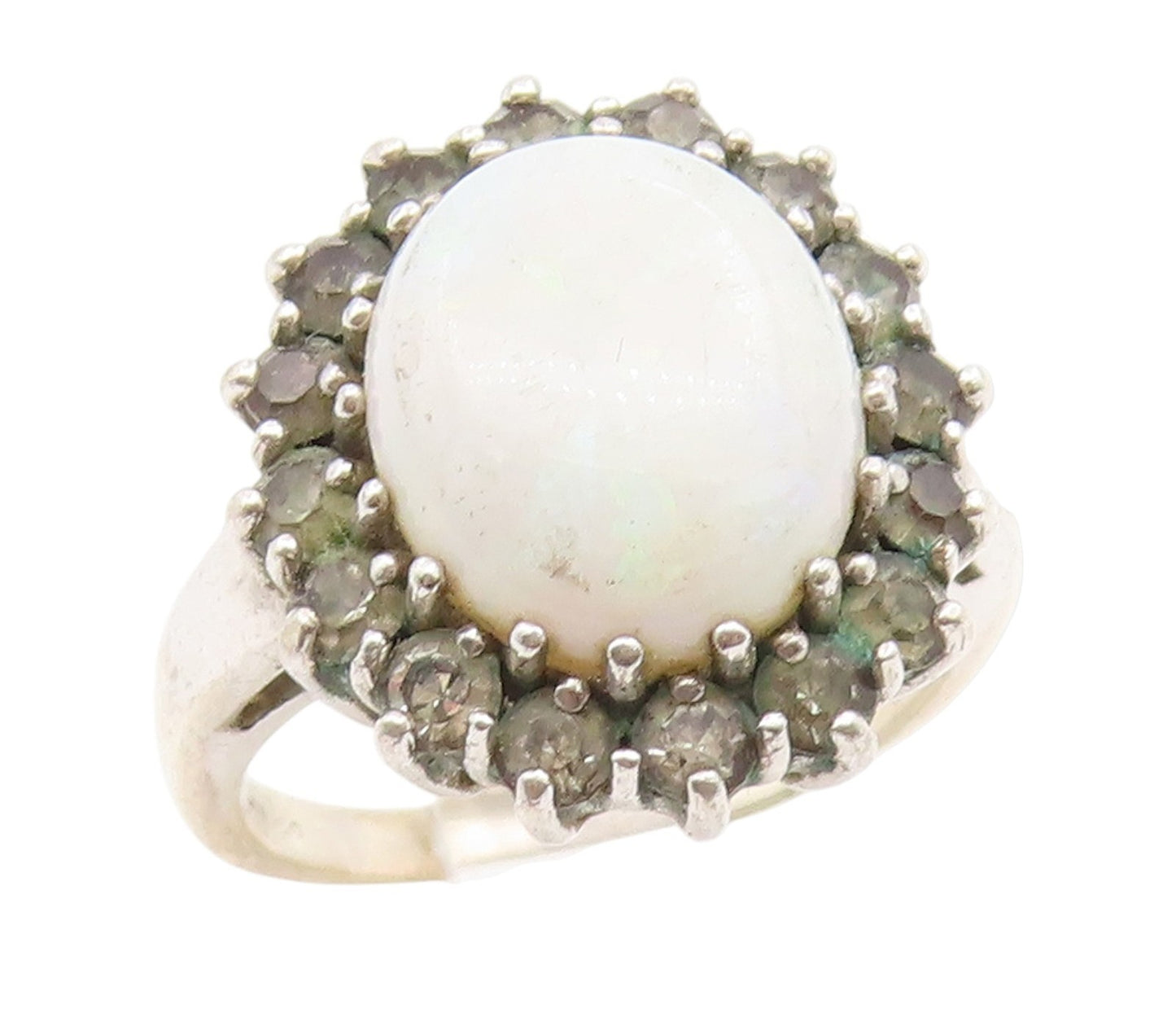 925 Sterling Silver Vintage Ring Cabochon Opal Halo CZ Band  Sz 6.5  RG35183