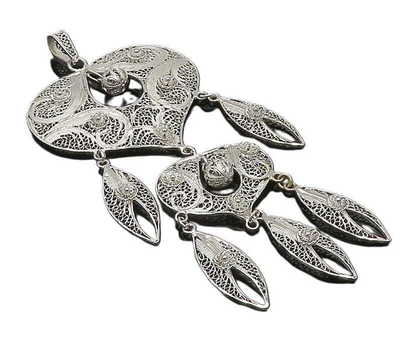 VAN LOU 925 Silver  Vintage Heart & Sphere Filigree Dangle Pendant  PT20121